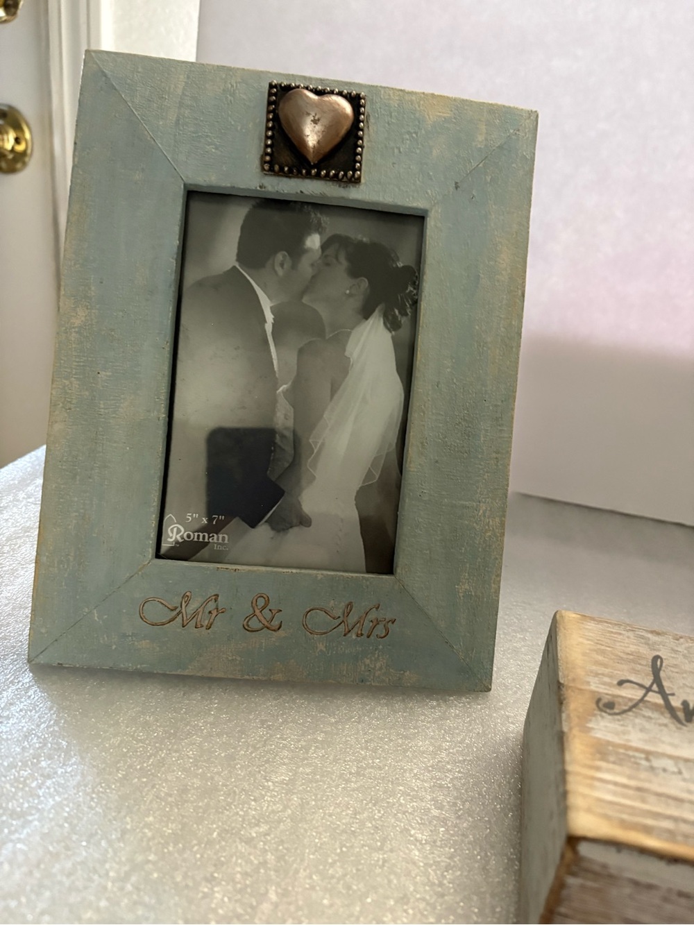 Mr. & Mrs. Mint Wood Picture Frame with Heart Accent
